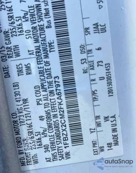 2015 Ford Transit T-350 из США, поврежденный, VIN 1FBZX2CM2FKA67973